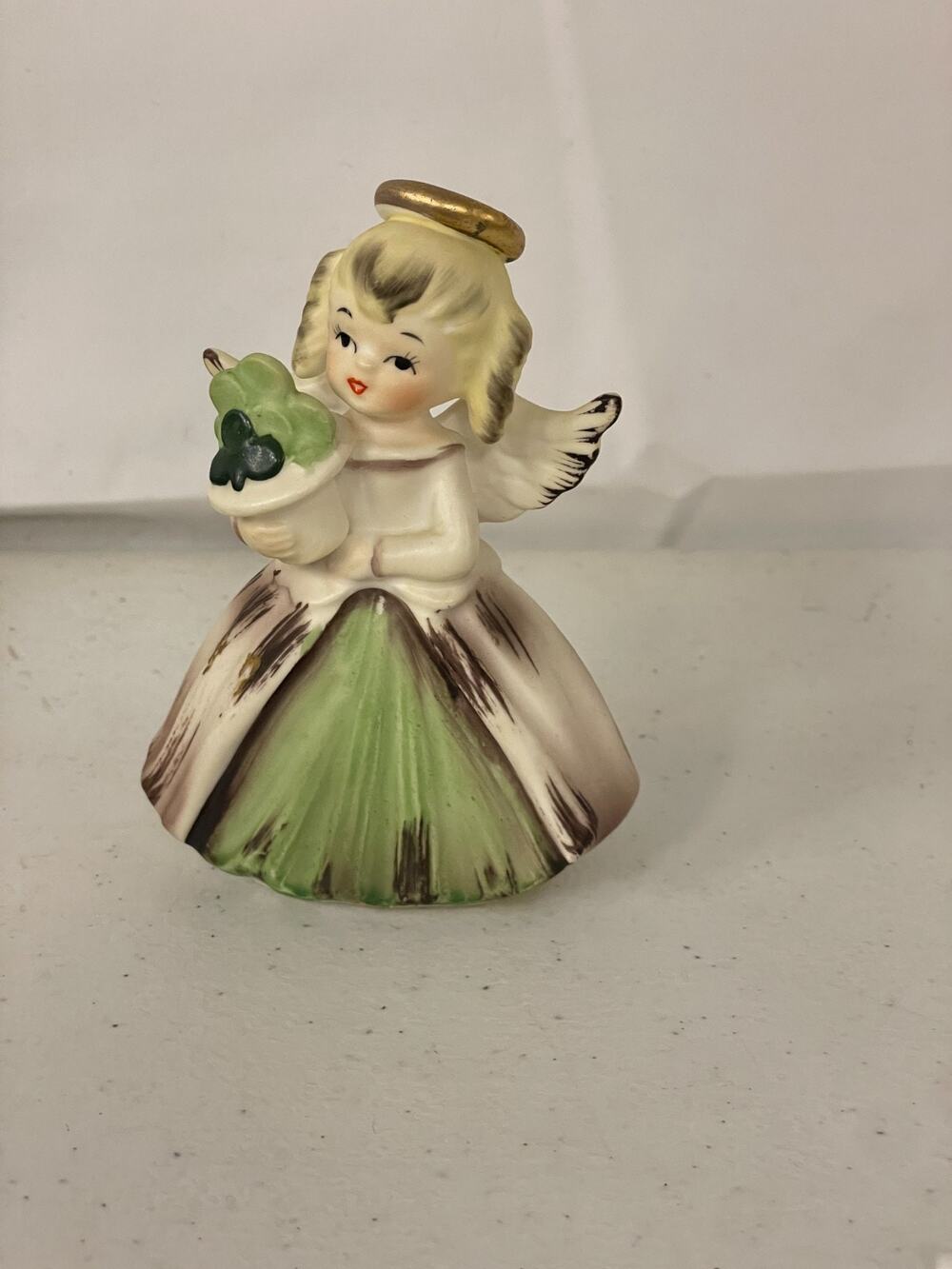 Vintage Inarco Hand Painted March Birthday Angel Figurine Shamrock Clover E-1187
